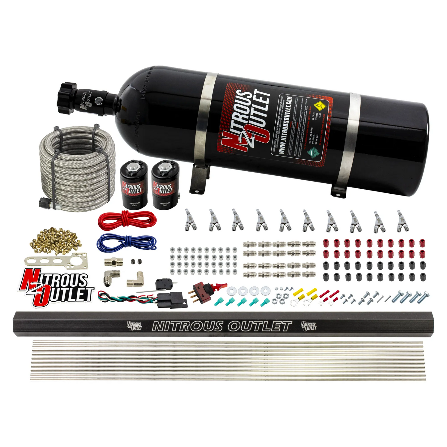 10 Cylinder Wet Direct Port System With Single Injection Rail - E85 - .122" Nitrous/.310" Fuel - Straight Blow Through Aluminum Nozzles