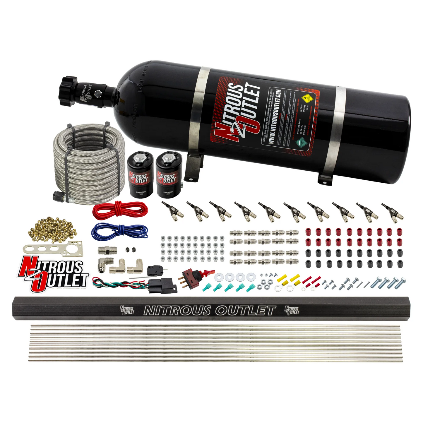 10 Cylinder Wet Direct Port System With Single Injection Rail - Gas - .122" Nitrous/.310" Fuel - 90° Aluminum Nozzles