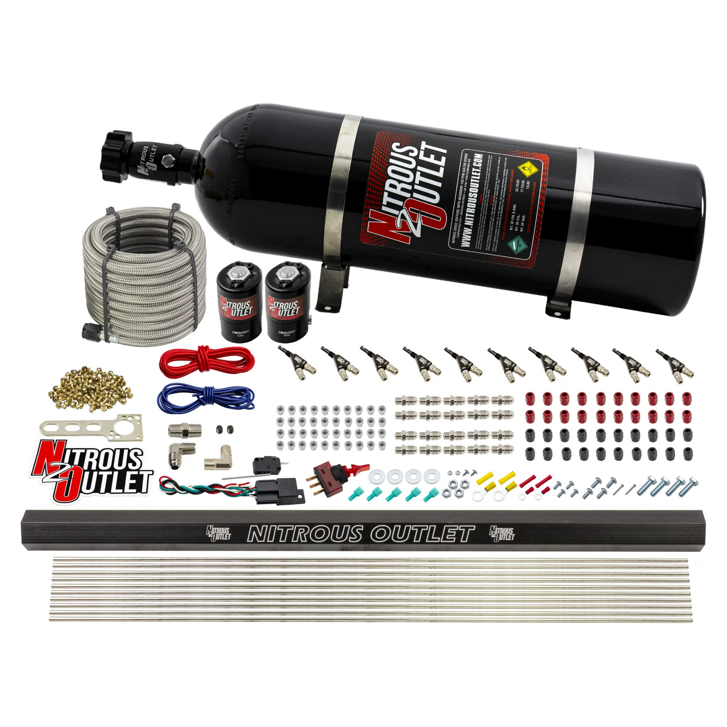 10 Cylinder Wet Direct Port System With Single Injection Rail - E85 (45-55 PSI)  - .122" Nitrous/.310" Fuel - 90° Aluminum Nozzles