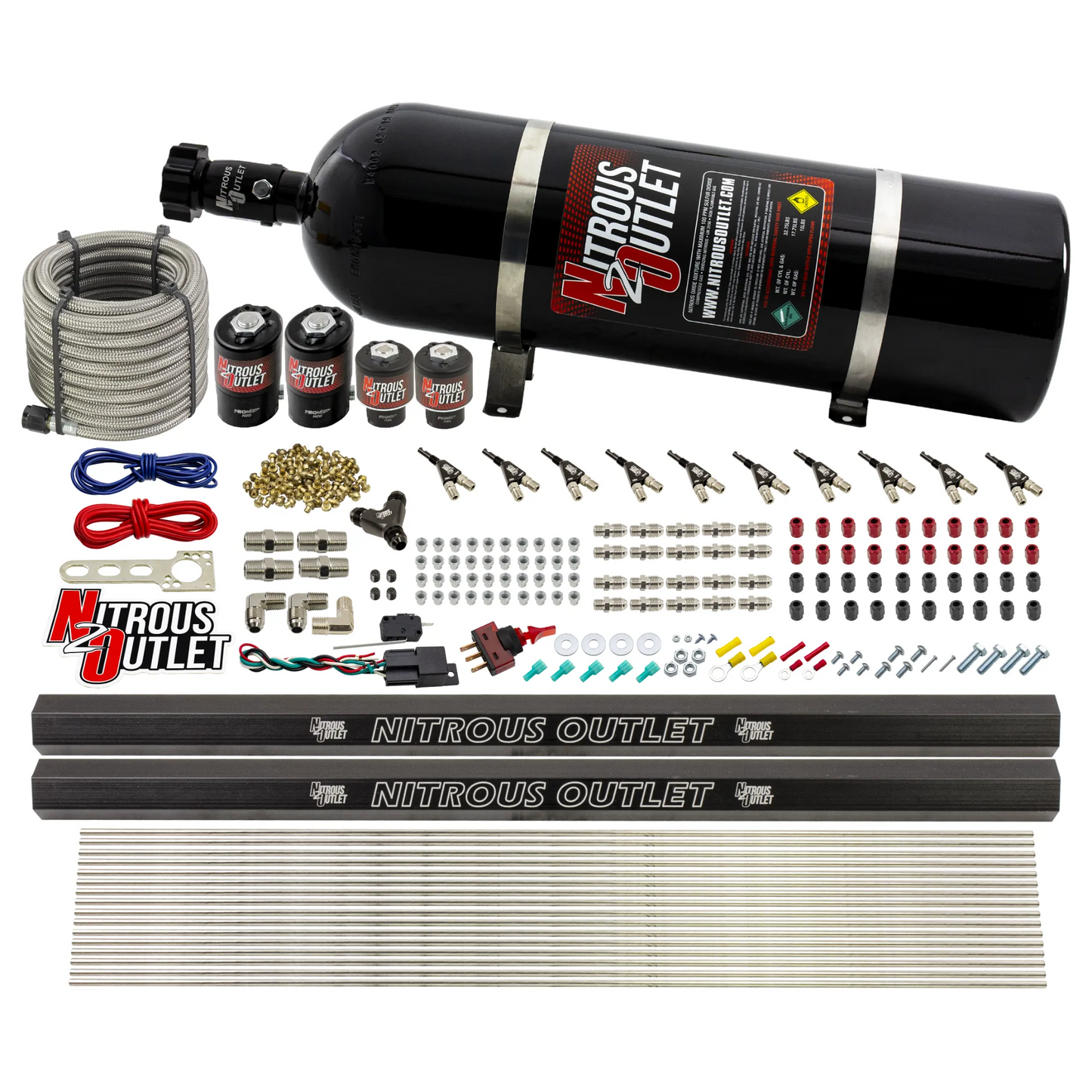 10 Cylinder Wet Direct Port System With Dual Injection Rails - E85 - Two .122" Nitrous/Two .310" Fuel - 90° Aluminum Nozzles