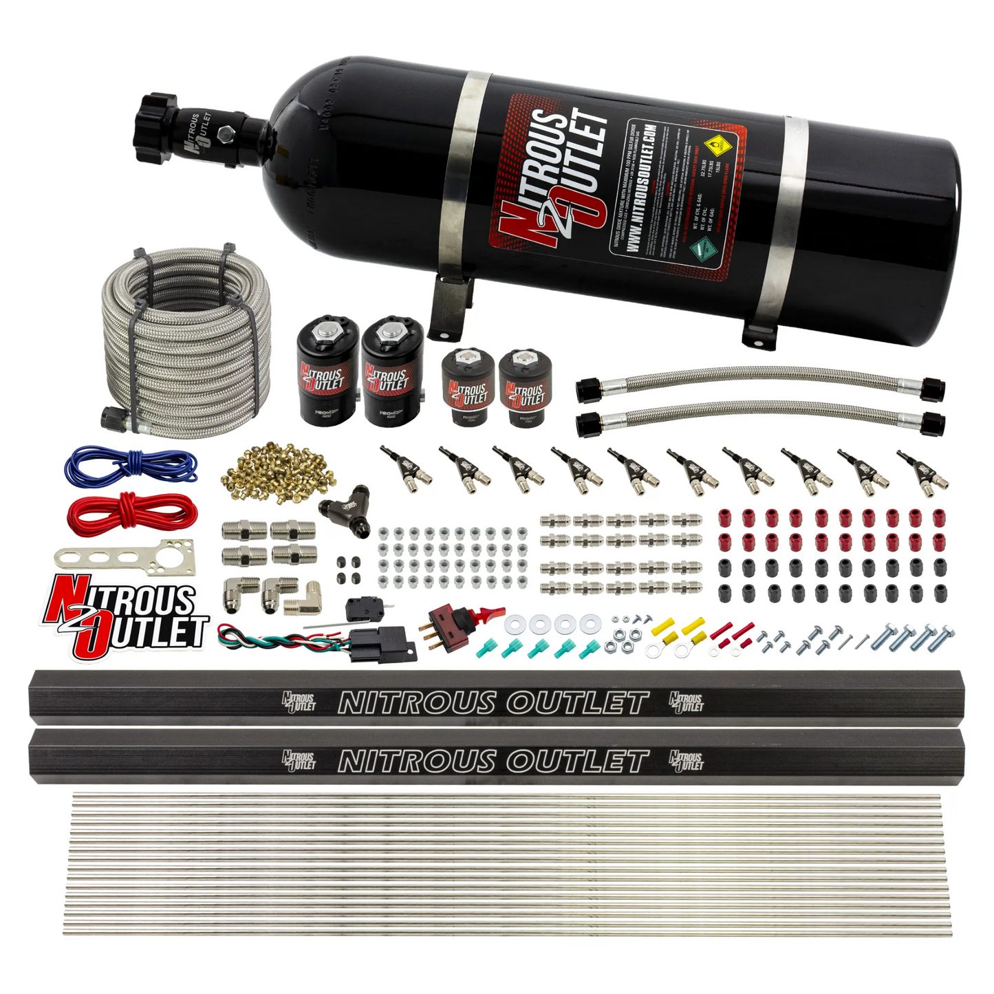 10 Cylinder Wet Direct Port System With Dual Injection Rails - E85 - Two .122" Nitrous/Two .310" Fuel - 45-55 PSI - 90° Aluminum Nozzles