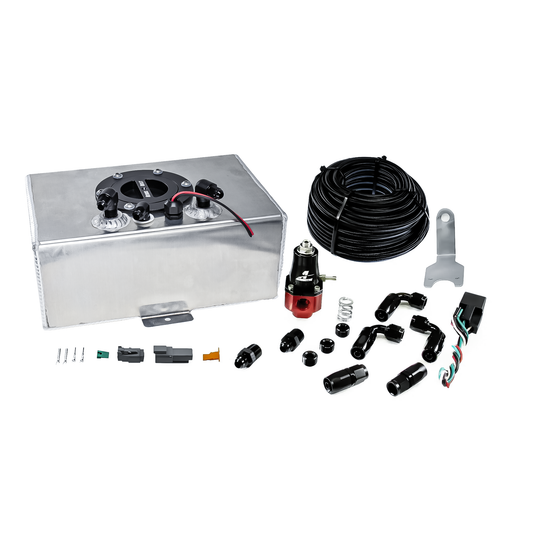 Automotive fuel system components including a tank, pressure regulator, and hoses on a white background.