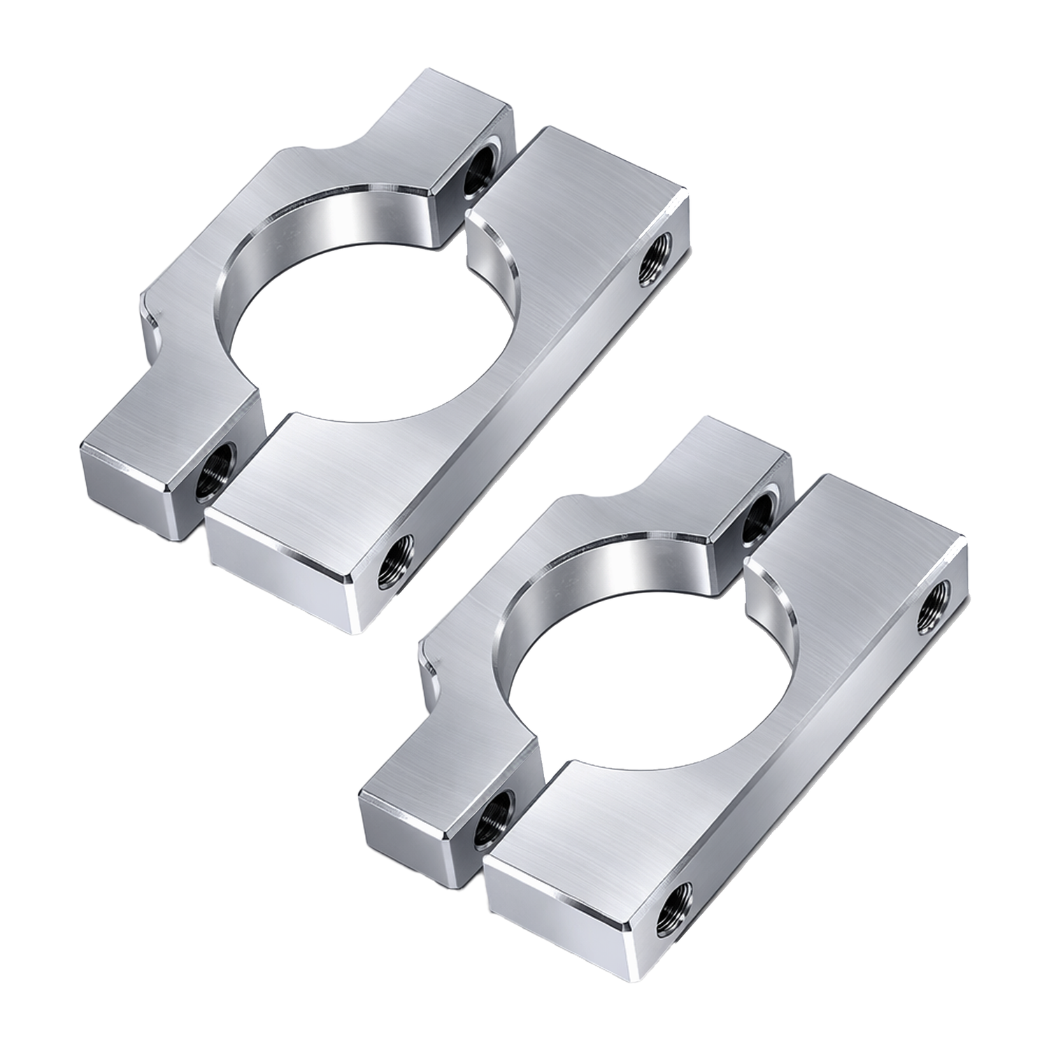 Two chrome motorcycle handlebar risers on a white background