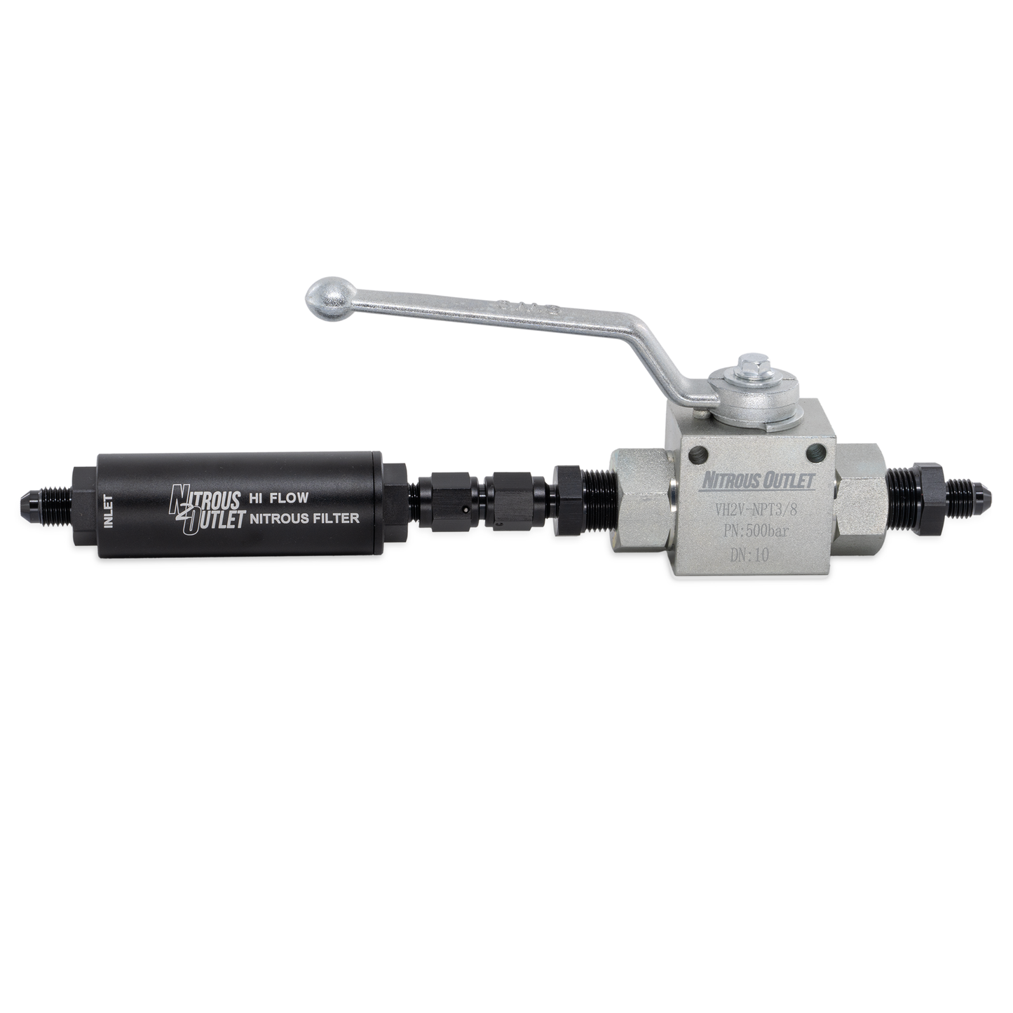 Nitrous Outlet Stainless Steel Inline Shut Off Ball Valve With Filter – 7,250 PSI / 4AN Fittings