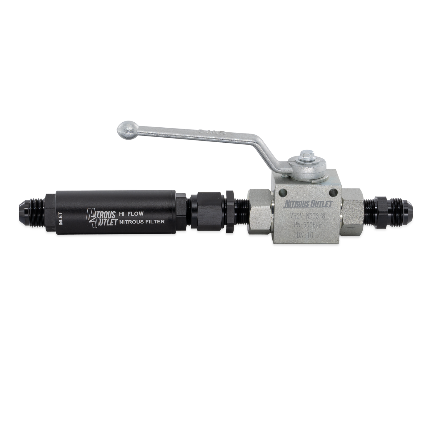 Nitrous Outlet Stainless Steel Inline Shut Off Ball Valve With Filter – 7,250 PSI / 8AN Fittings