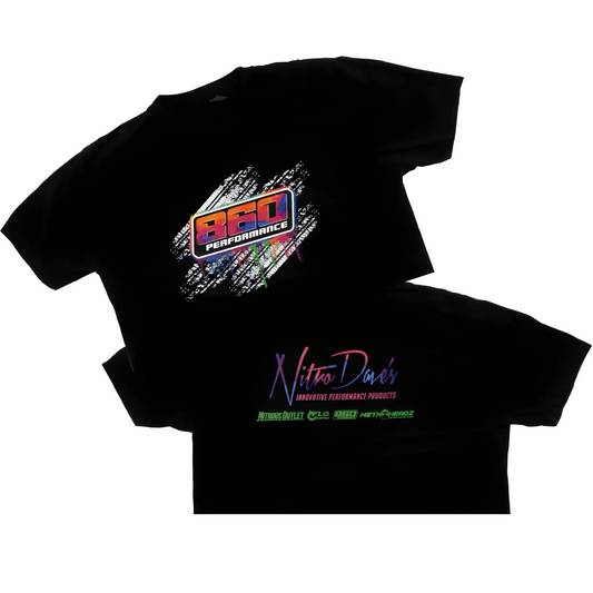 Black t-shirt with colorful graphics and text on a white background