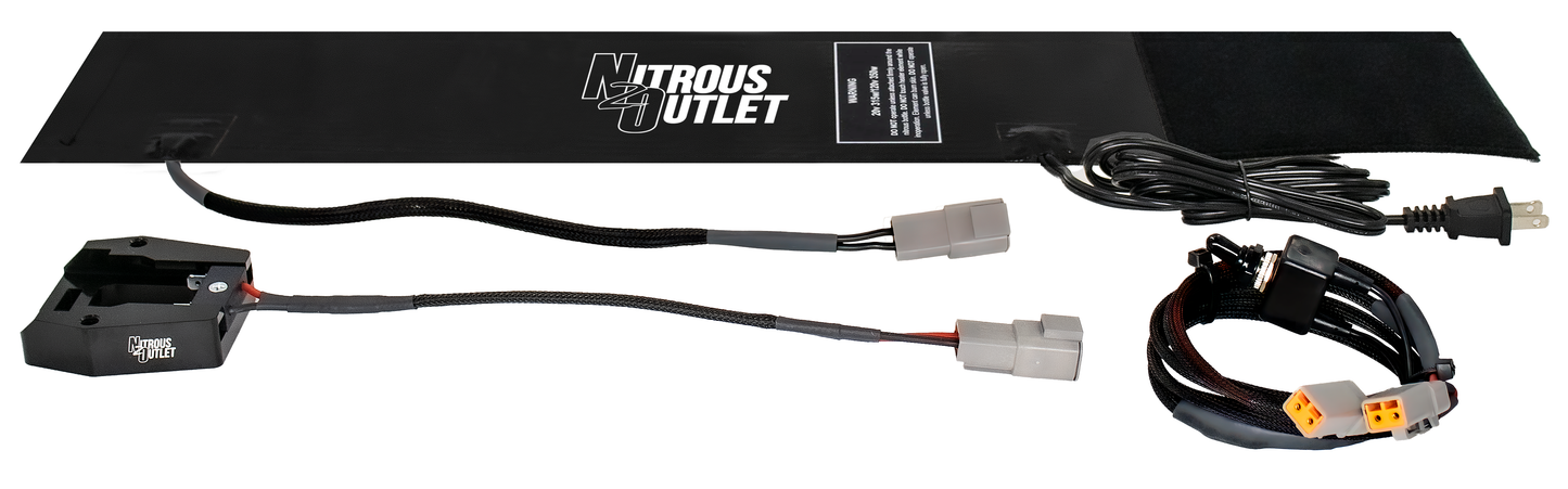 Nitrous outlet system with wiring and connectors on a black background