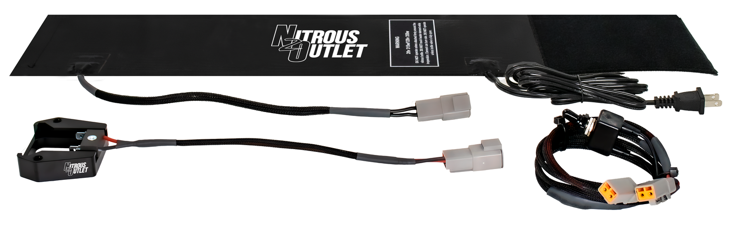 Nitrous outlet system with wiring and connectors on a white background
