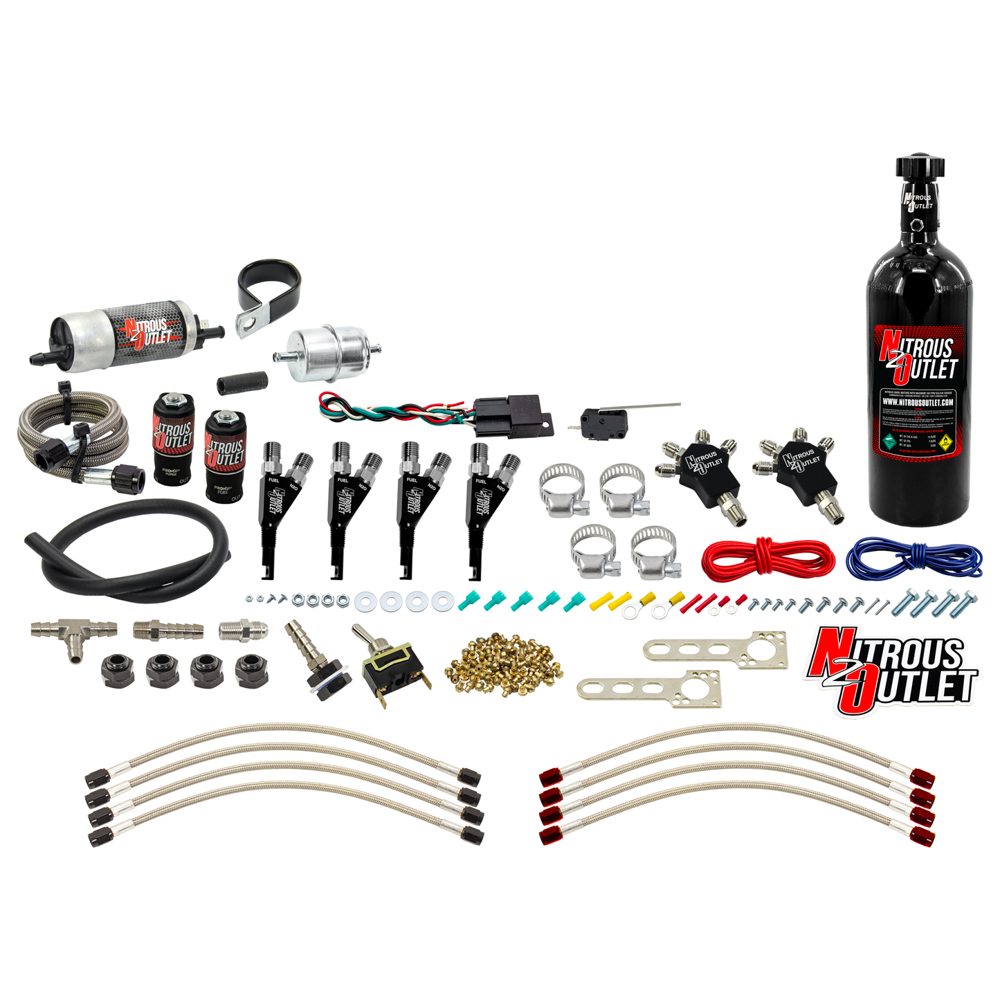 Powersports Carbureted Four Cylinder Nozzle System - .078 Nitrous/.155 Fuel - 90° Stainless Steel Nozzles