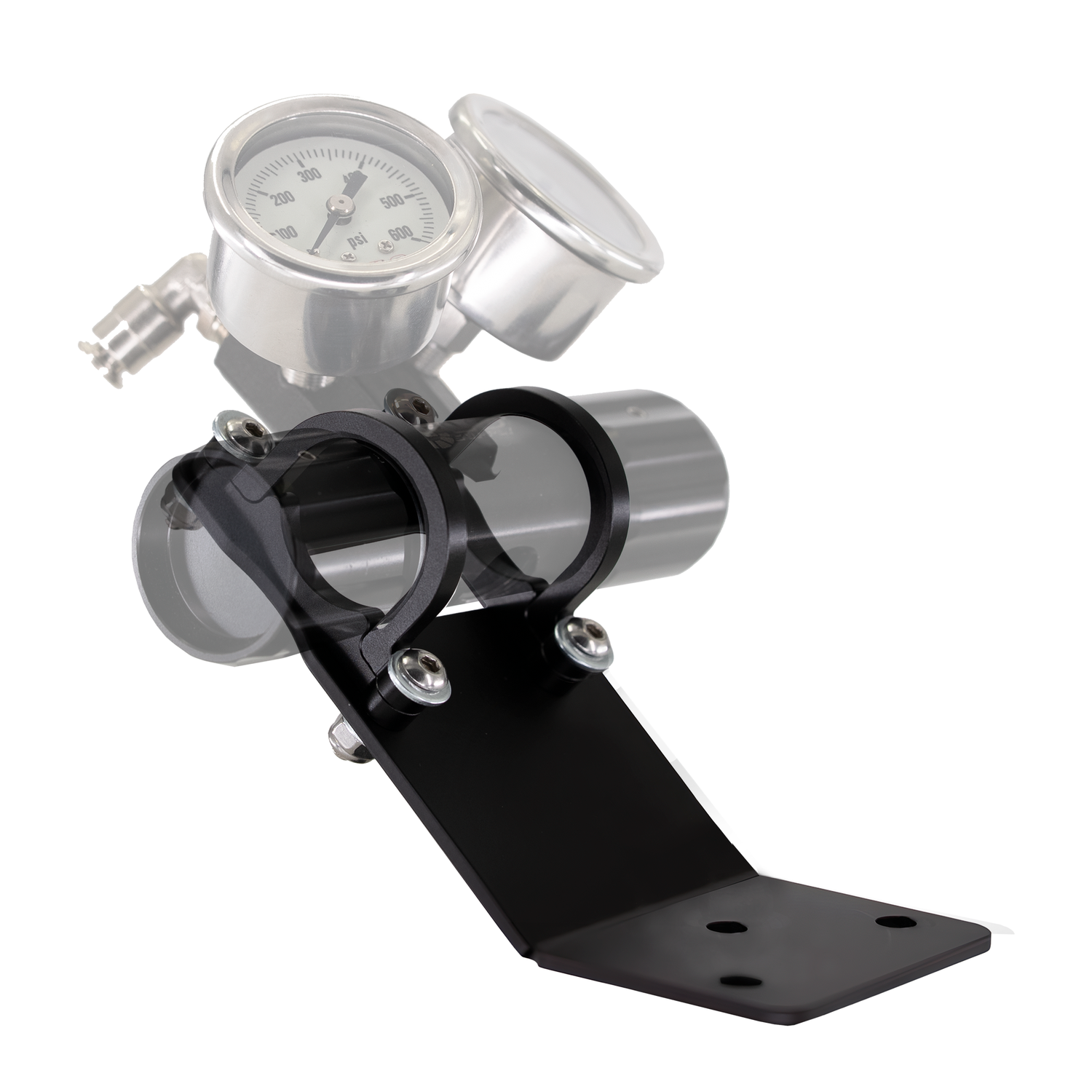 Mechanical device with a gauge and metal bracket on a white background