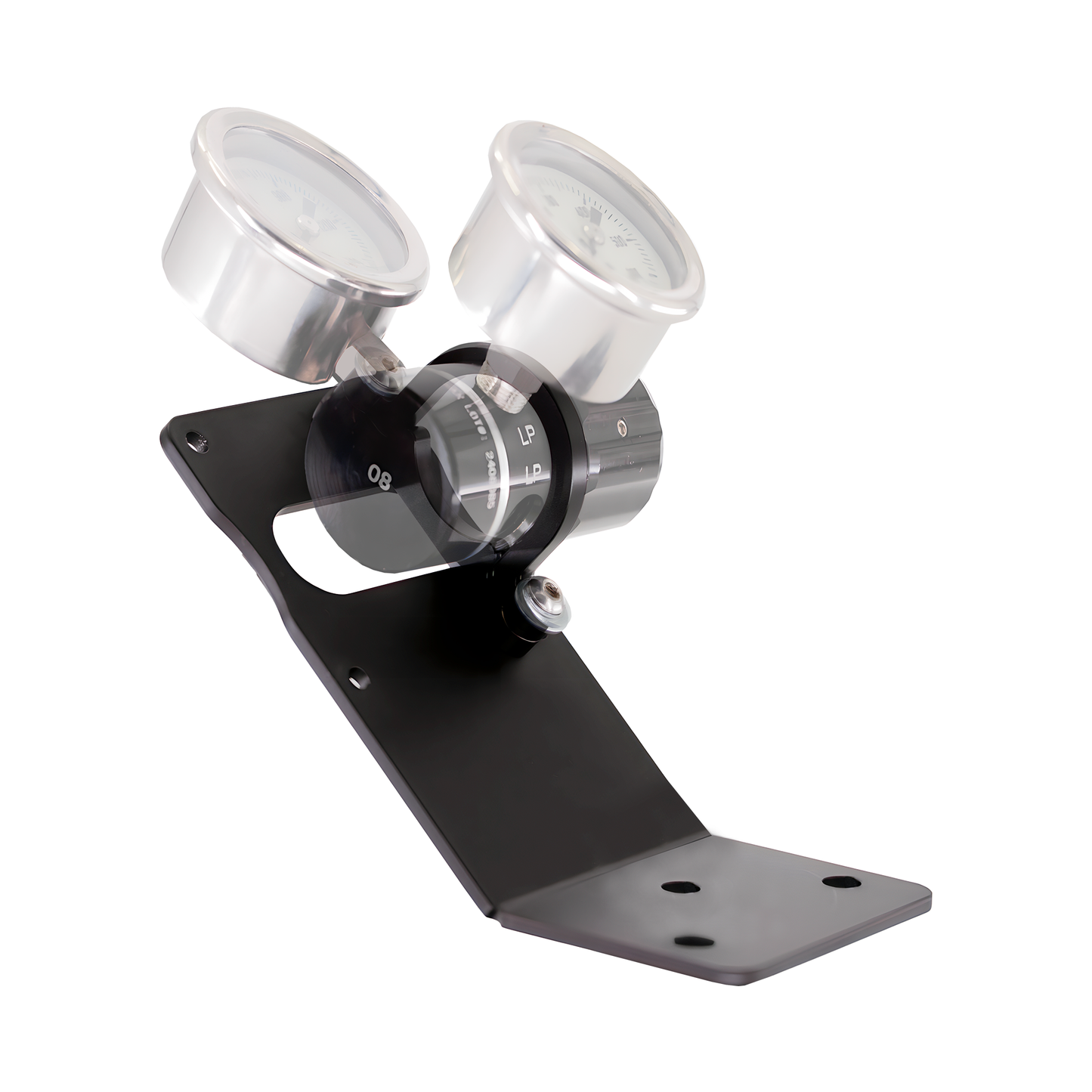 Metal bracket with two cylindrical components on a white background