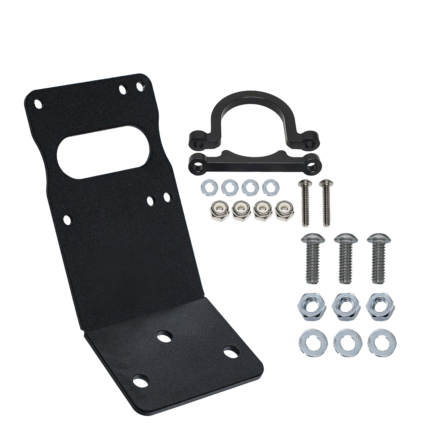 Black metal bracket with hardware components on a white background