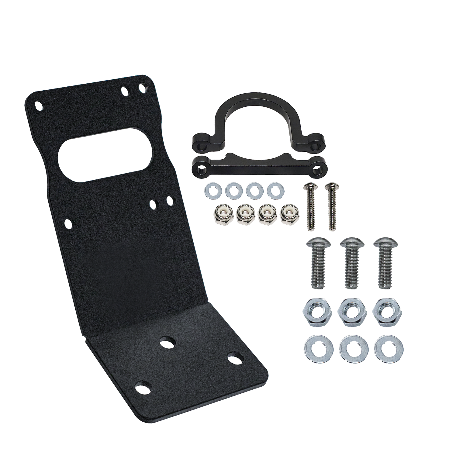 Black metal bracket with hardware components on a white background
