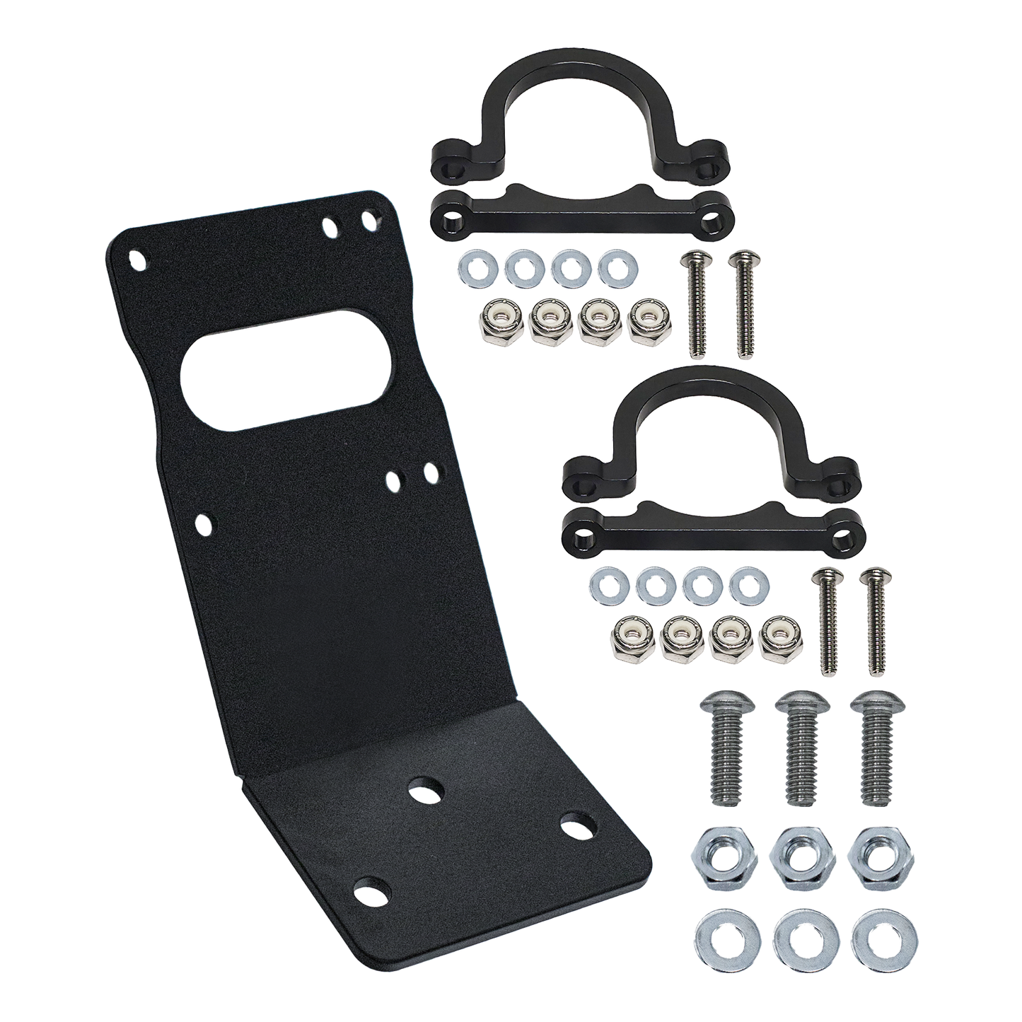 Mechanical mounting kit with brackets and screws on a white background