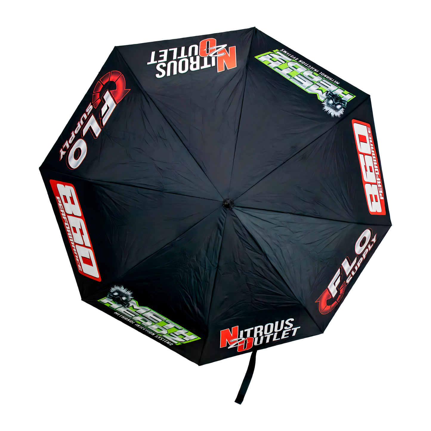 Black umbrella with various brand logos on a white background